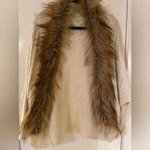 Fur trimmed cream colored cardigan